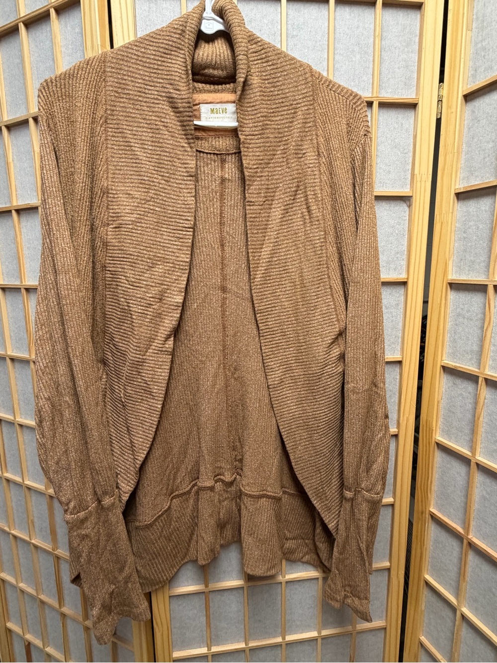 Maeve Open-Front Shawl Collar Cardigan in Camel Brown